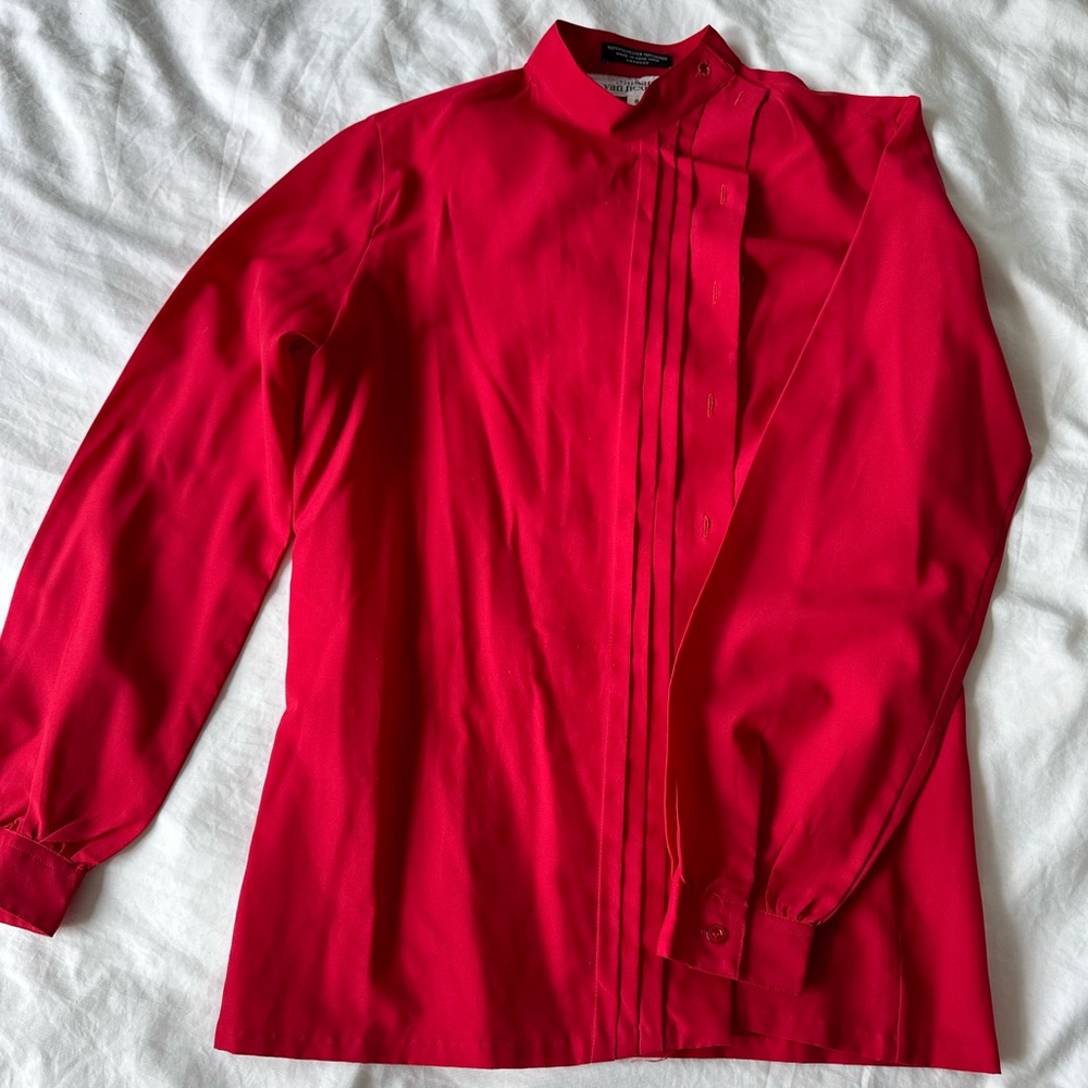 Red mock neck button up blouse